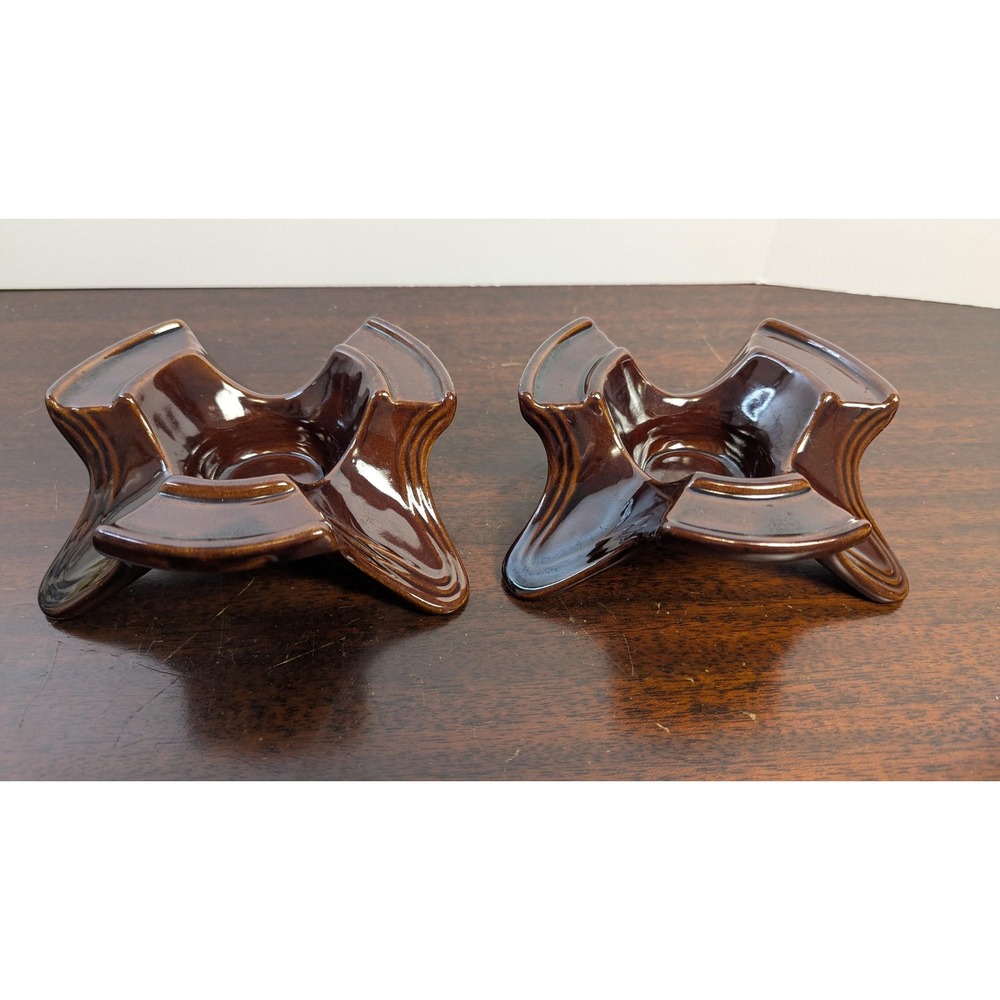 Vintage USA Pottery Candle Holders Brown Drip Glaze Mid Century Rustic Pair